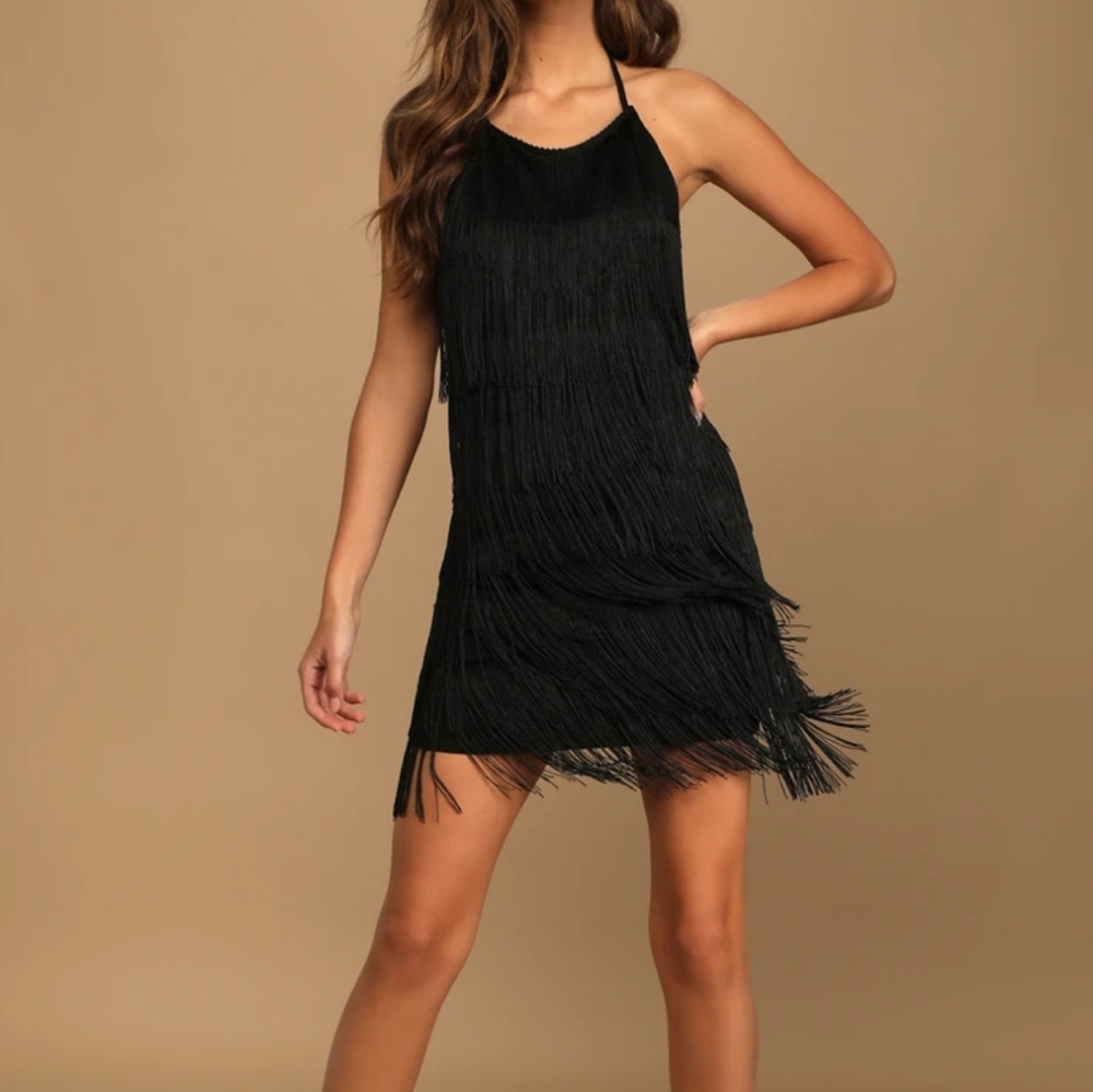 NWT Lulus Roarin' Style Black Fringe Halter Bodycon Mini Dress